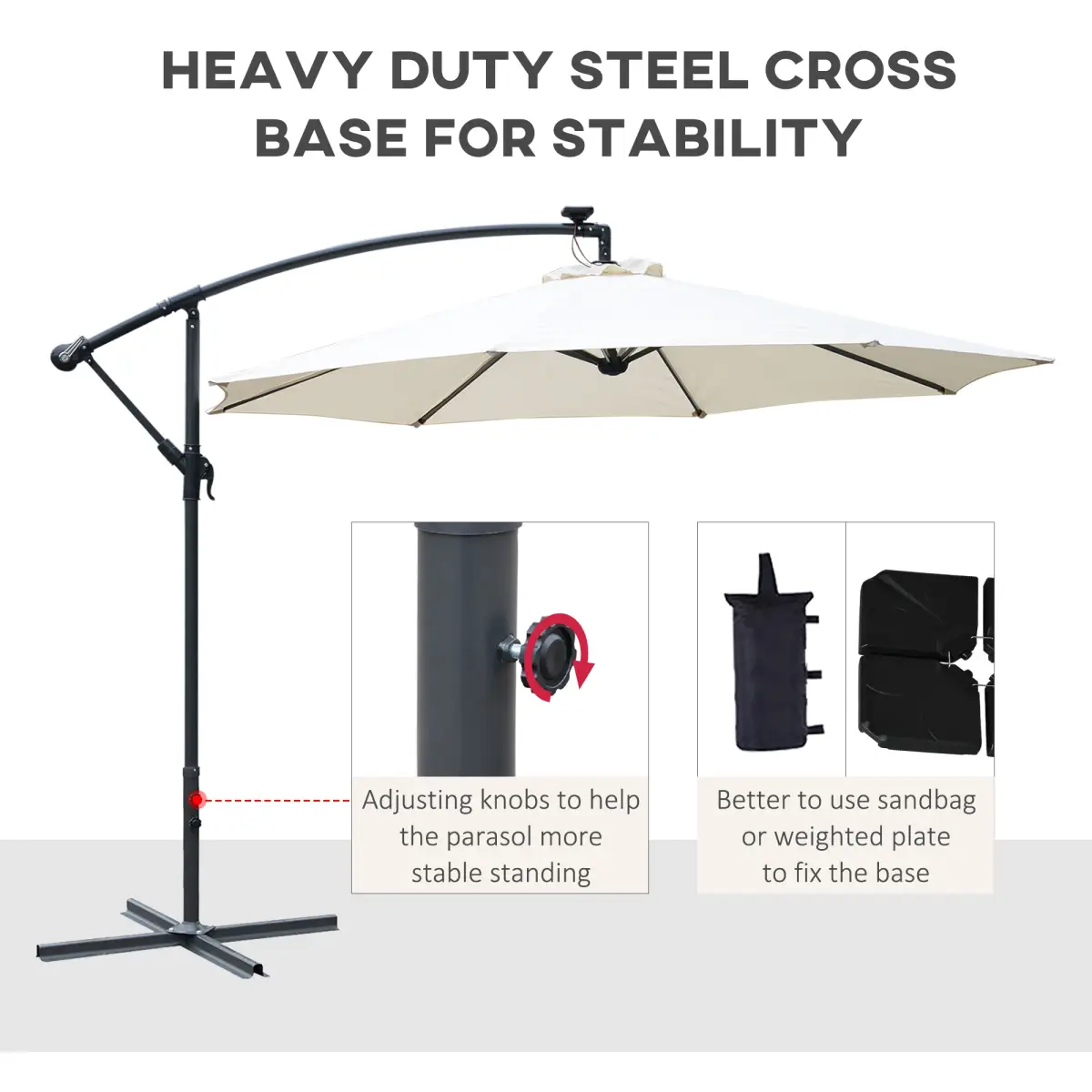Outsunny Outsunny Umbrella Parasol W/Solar Powered LED stripes, ?2.95x2.45H m-Cream - Parasol