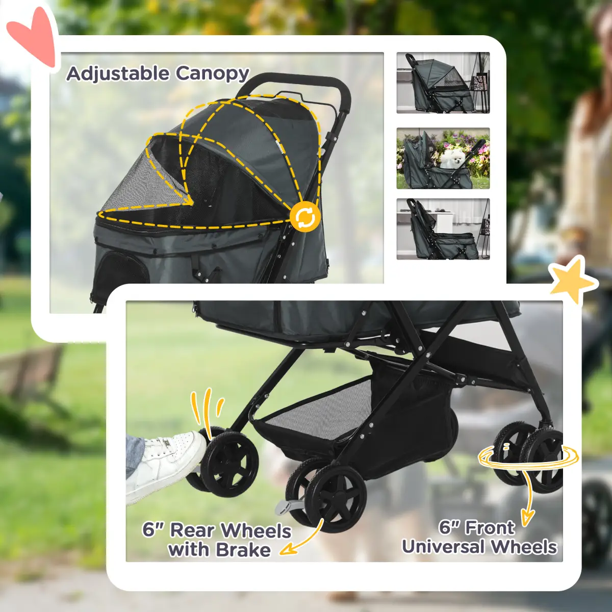 PawHut PawHut Pet Stroller Dog Foldable Travel Carriage with Reversible Handle, Grey - Pet Carrier