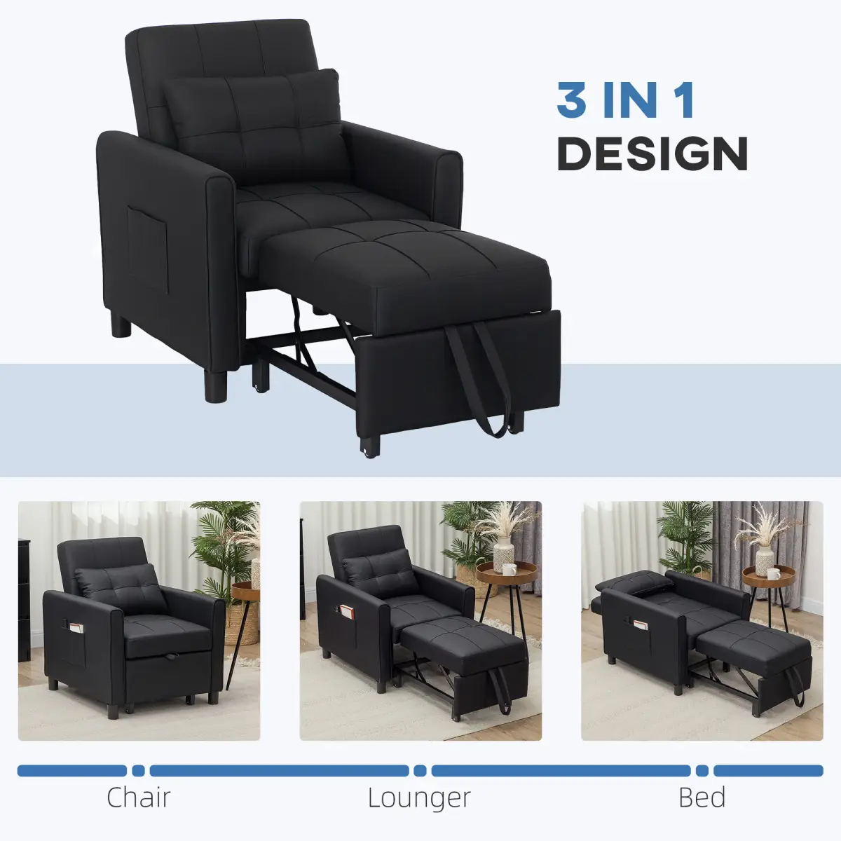 HOMCOM HOMCOM Folding Chair Bed, Sleeper Chair with Pillow, Side Pockets, Black - Sofa Bed