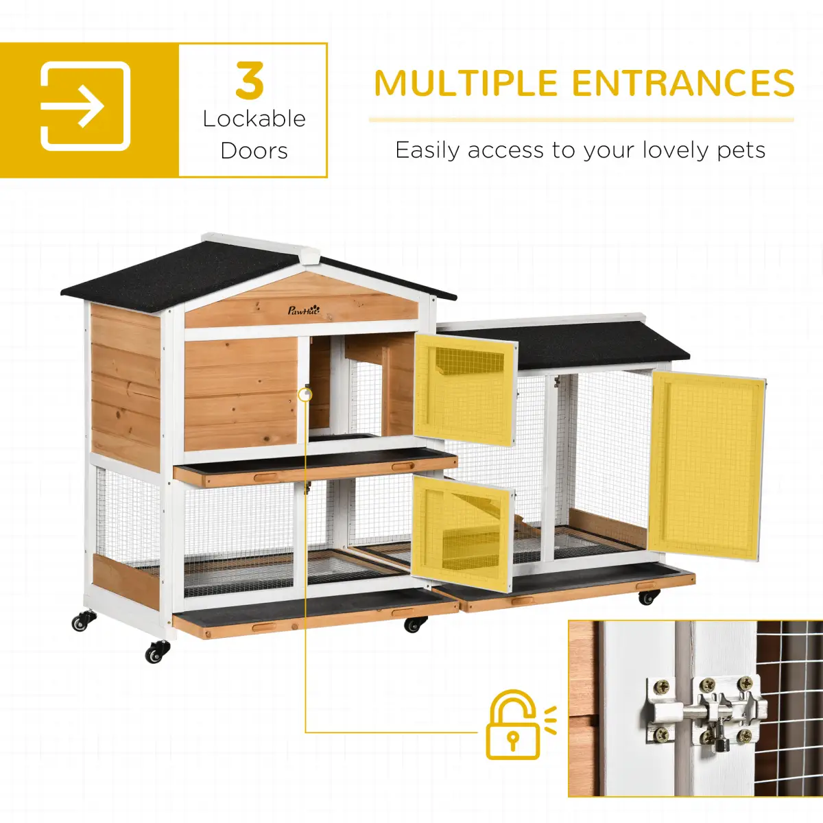 Unbranded Wooden Rabbit Hutch Guinea Pig Cage Wheels, Run, Slide-Out Tray, Ramp Pawhut - Rabbit Hutch