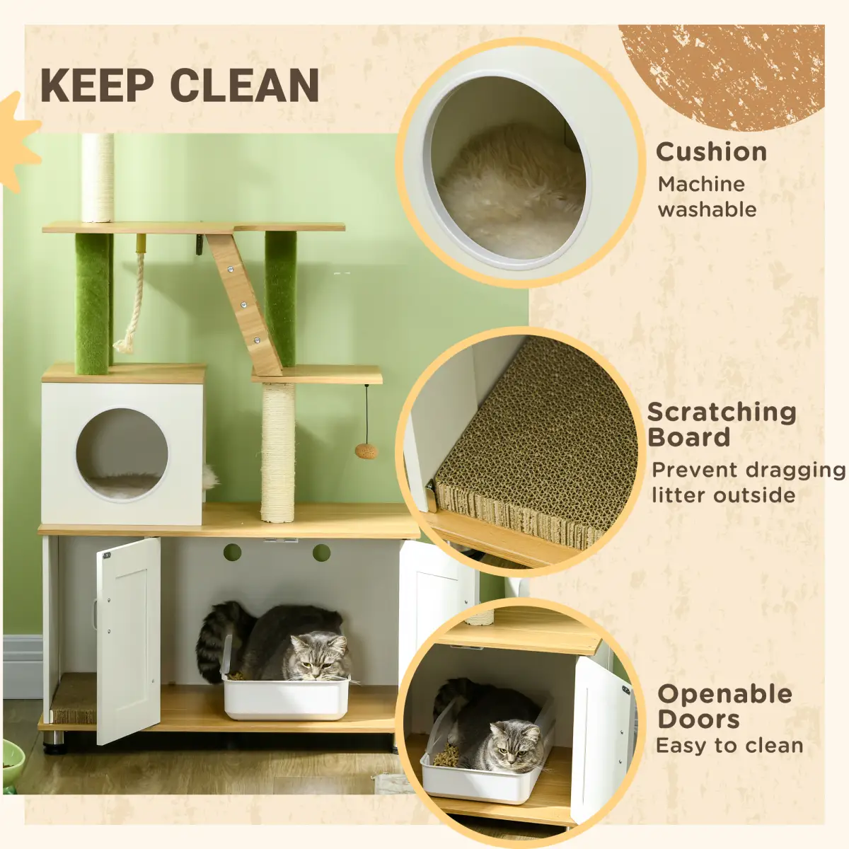 PawHut PawHut 2 in 1 Hidden Litter Box with Green Leaf Cat Tree, Indoor, Oak - Cat Tree