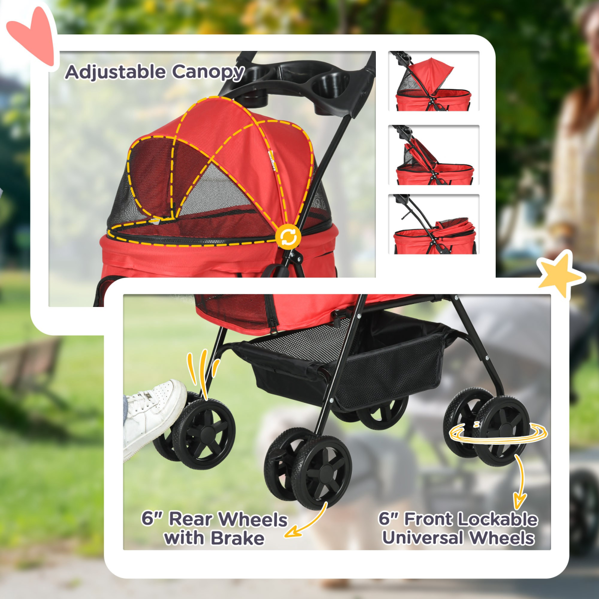 Pet Stroller No-Zip Foldable Travel Carriage with Brake Basket Adjustable Canopy - from Unbranded