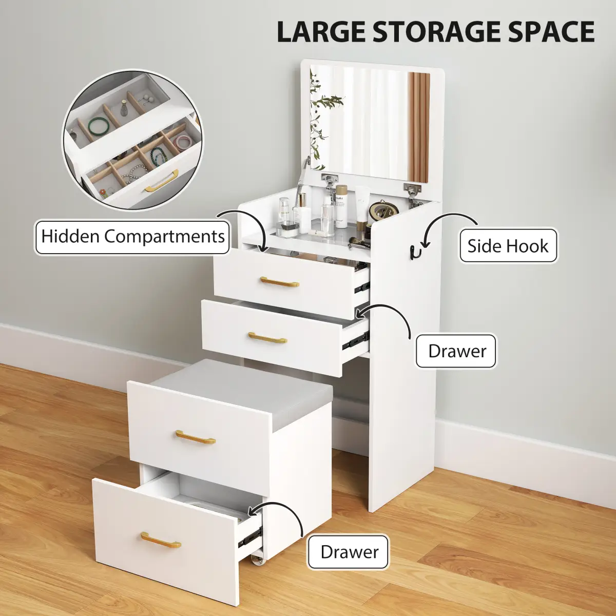 HOMCOM HOMCOM 3 in 1 Dressing Table Vanity Desk with Mirror and Cushioned Stool - Desk