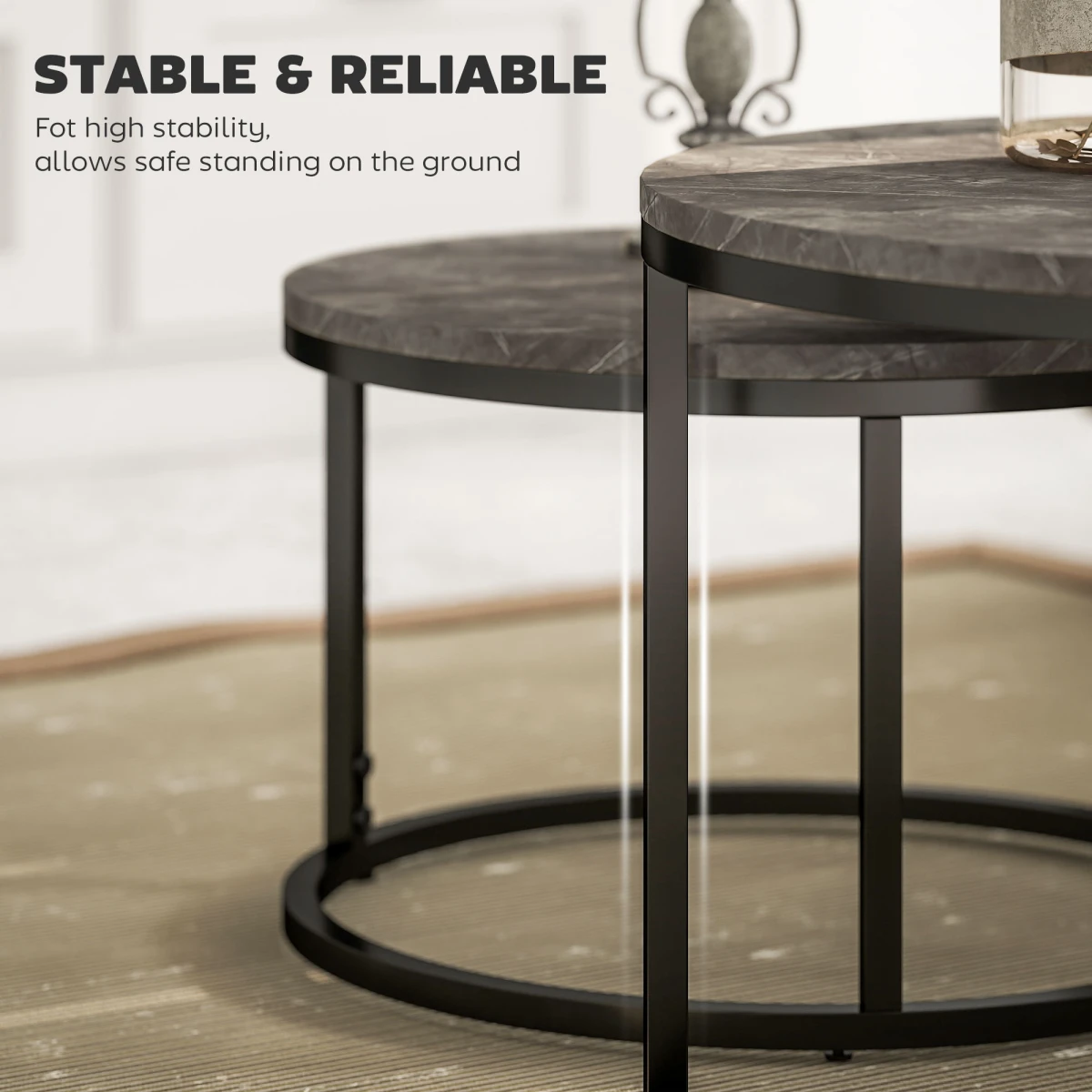 HOMCOM Two Piece Stacking Coffee Tables Set Large And Small Marble Effect MDF Tops Steel Frame With Foot Pads For Living Room - Coffee Table