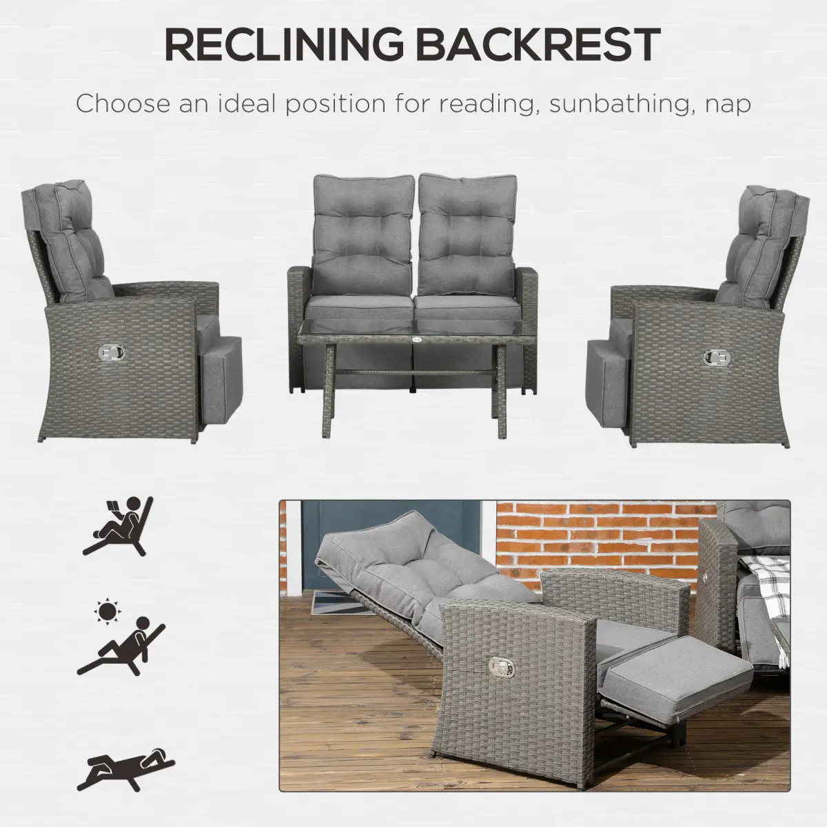 Outsunny Outsunny 4 Piece Rattan Garden Furniture Set with Sofa, Glass Table, Grey - Garden Set