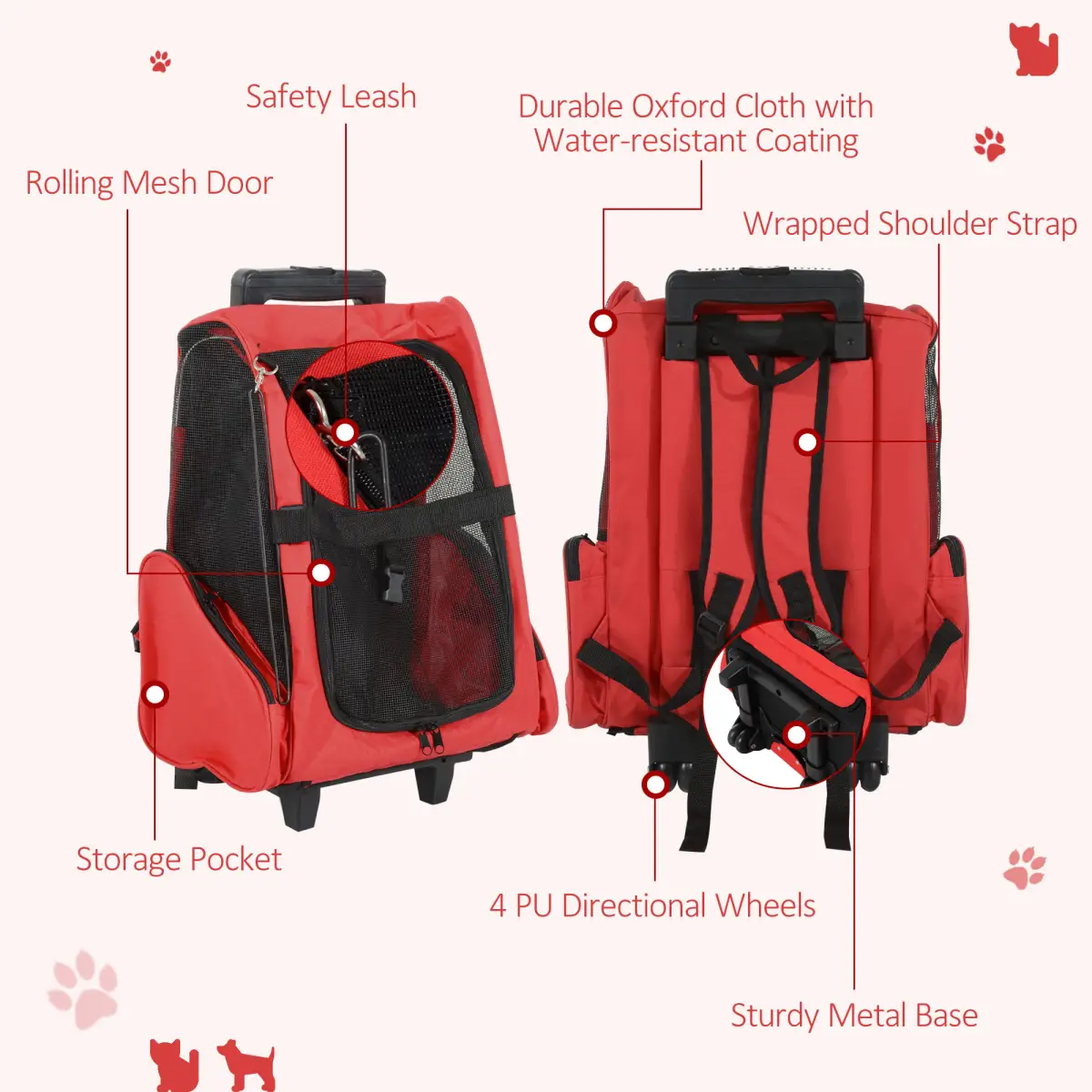 Pawhut Pet Travel Backpack Bag Cat Puppy Dog Carrier w/ Trolley and Telescopic Handle - Pet Carrier