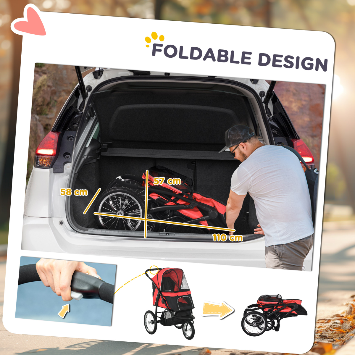 Foldable Pet Stroller Jogger w/ Canopy, Three Wheels, for Medium Dogs - Red - from PawHut