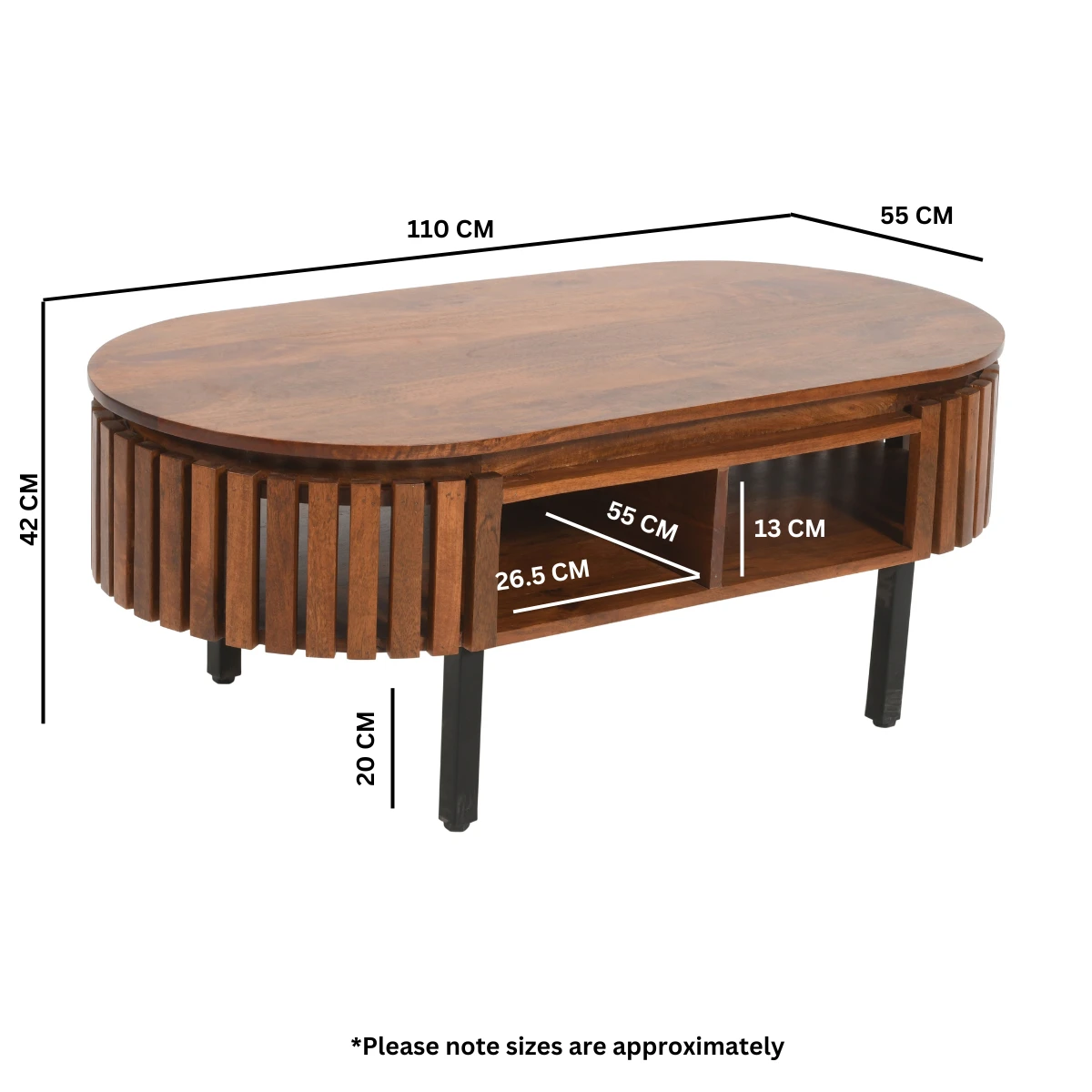 Eco Friendly Mango Wood Coffee Table 55x26.5x13 cm Slatted Open Shelf Living Room Decor by Indian Hub