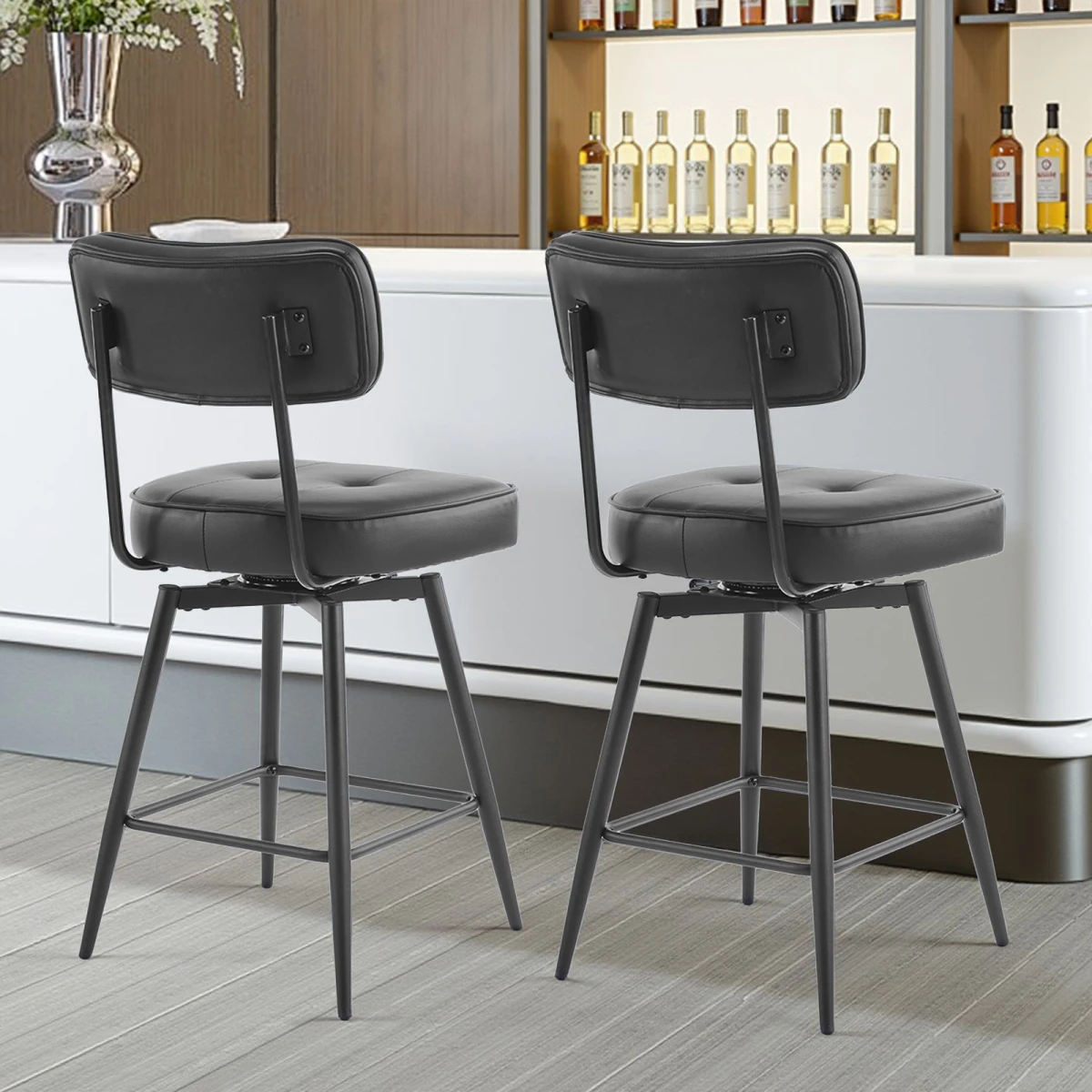 N/A 2 Pcs Black PU Swivel Bar Stools with Button-Tufted Backrest and Metal Legs -