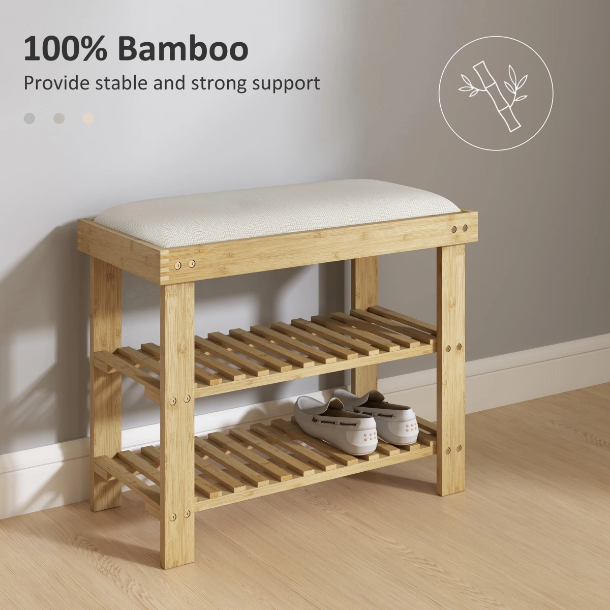 HOMCOM HOMCOM 3-Tier Shoe Storage Bench, Bamboo Shoe Rack for Entryway, Cream -