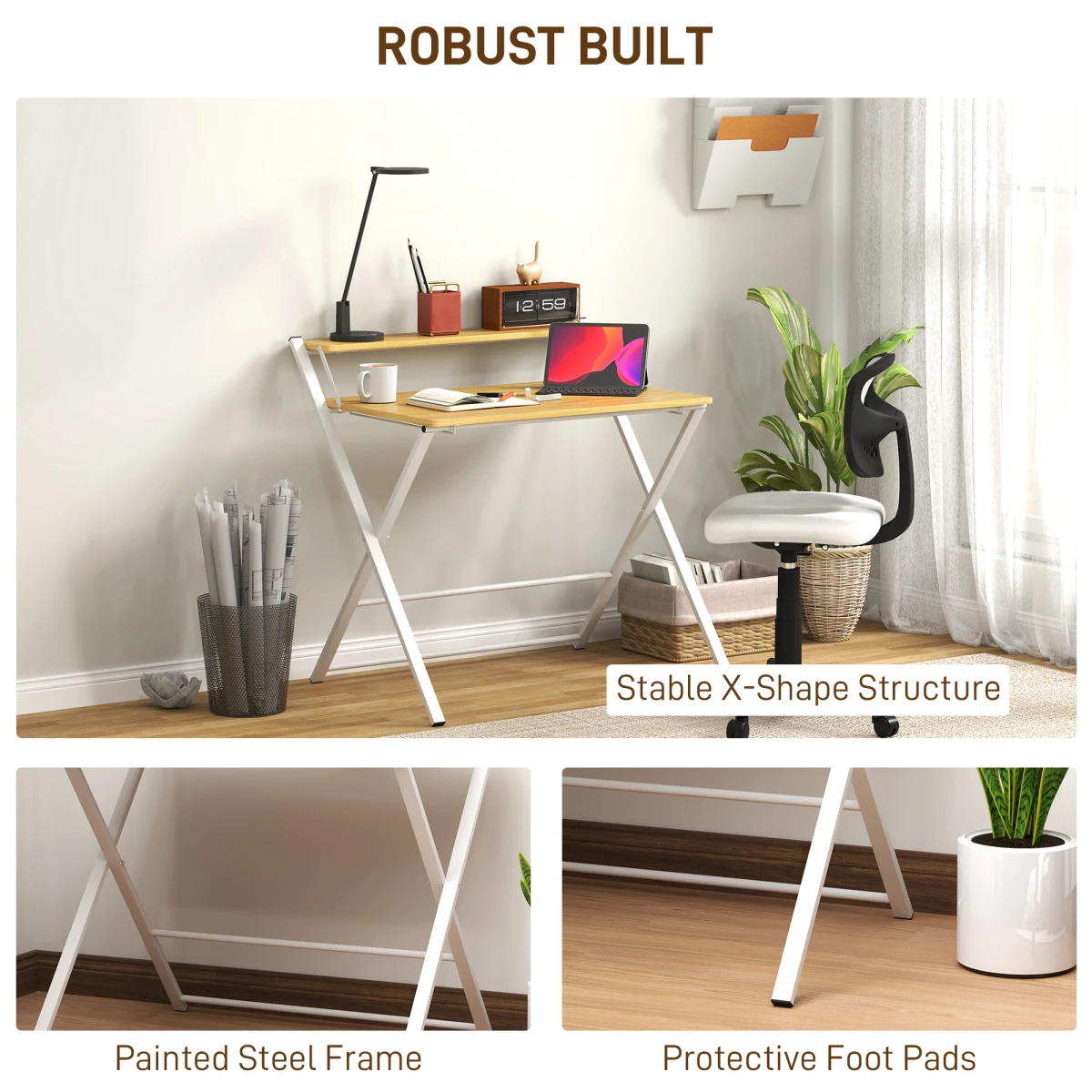 HOMCOM Folding Desk With Two Tier Shelf Maple Wood Effect for Home Office and Bedroom by HOMCOM