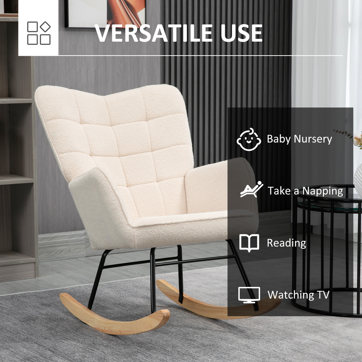HOMCOM Wingback Rocking Chair for Nursing w/ Steel Frame and Wooden Base Beige - from HOMCOM