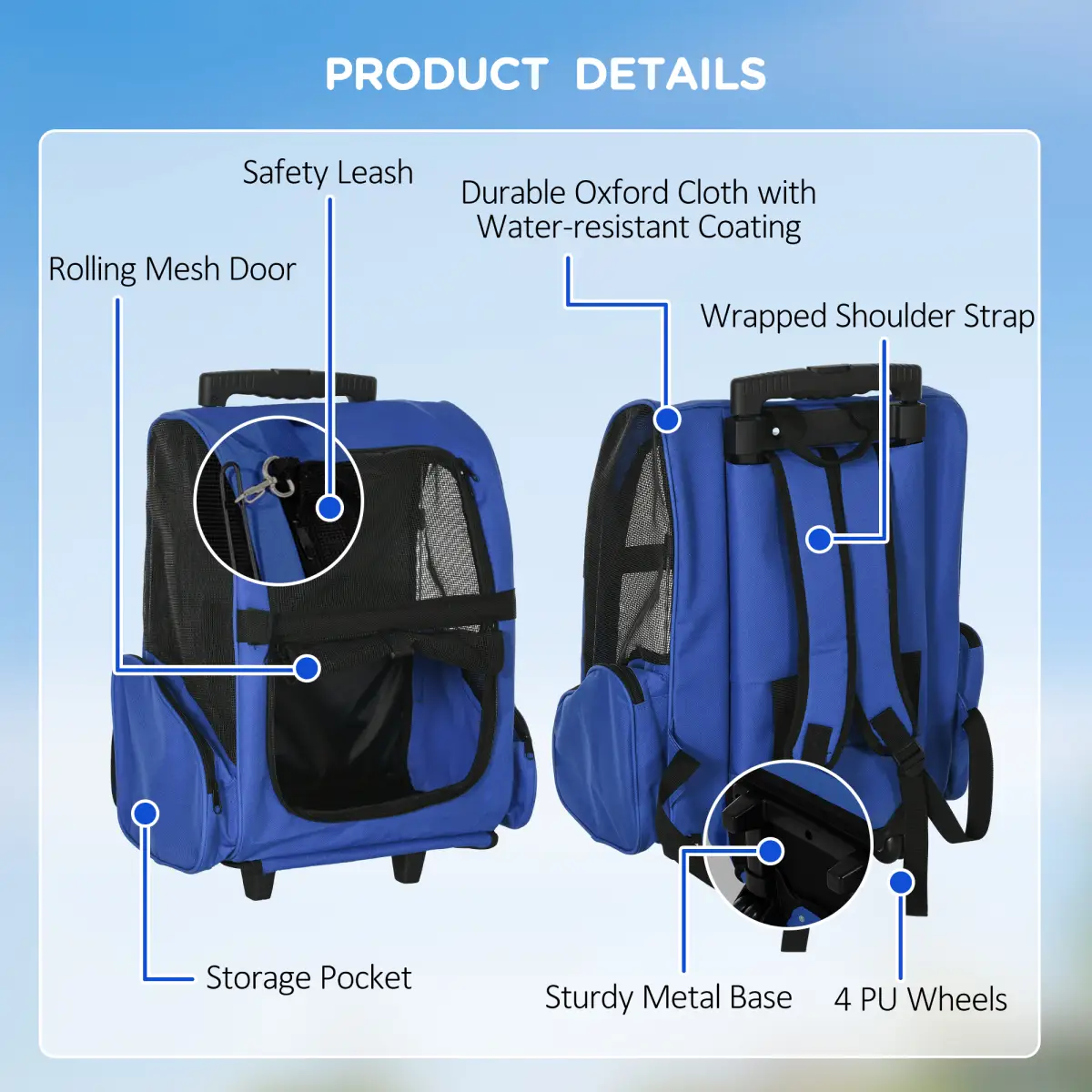 Pawhut Pet Travel Backpack Bag Cat Puppy Dog Carrier w/ Trolley and Telescopic Wheel - Pet Carrier