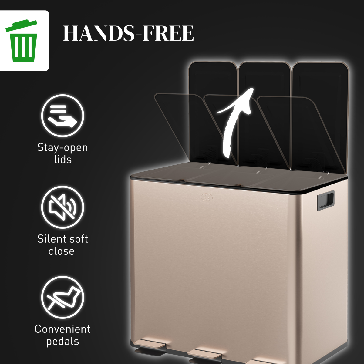 HOMCOM 3 x 15L Triple Kitchen Bin Pedal Bin for Recycling and Waste, Gold Tone - from PawHut
