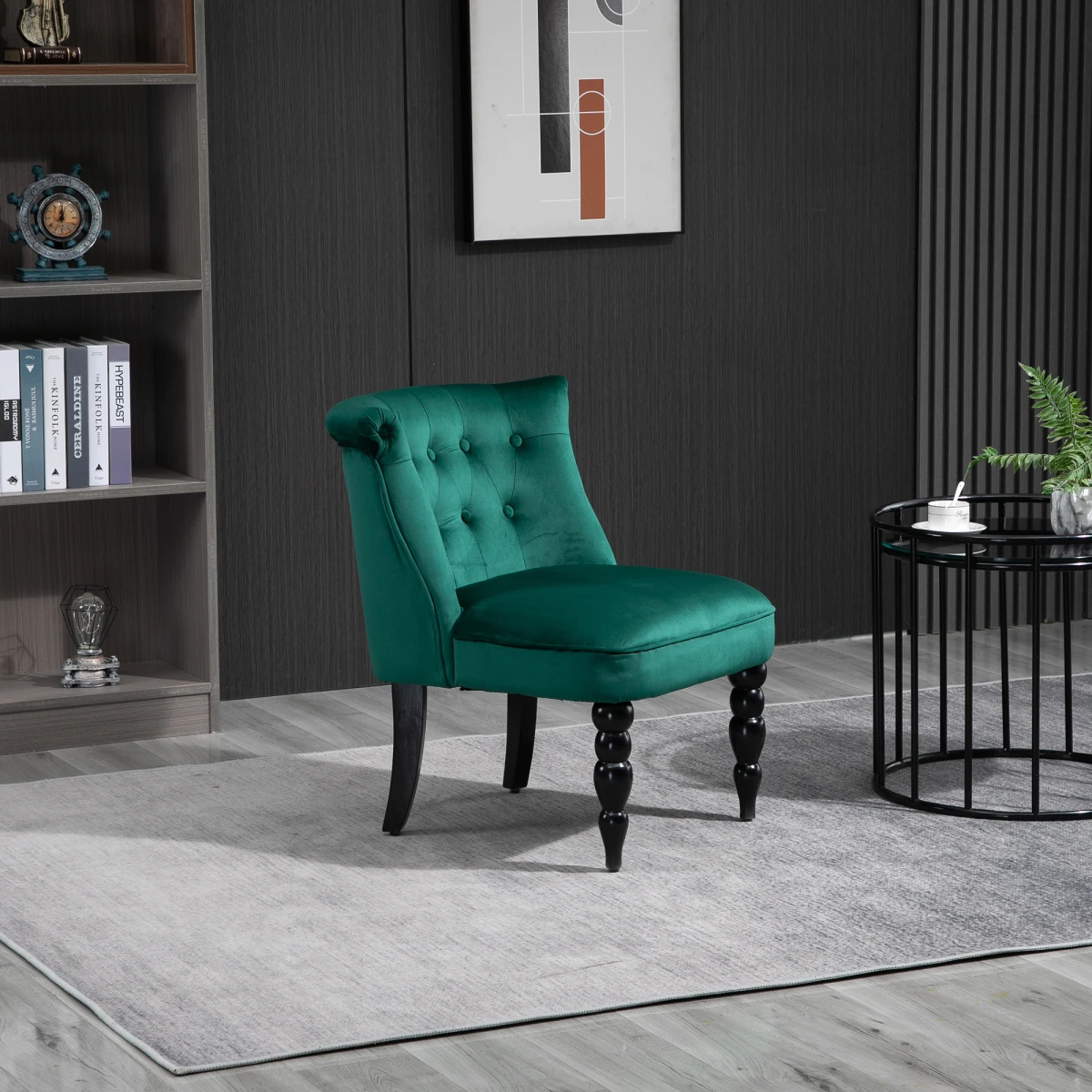 HOMCOM Velvet Wingback Chair Tufted Back Rubber Wood Legs - Accent Chair