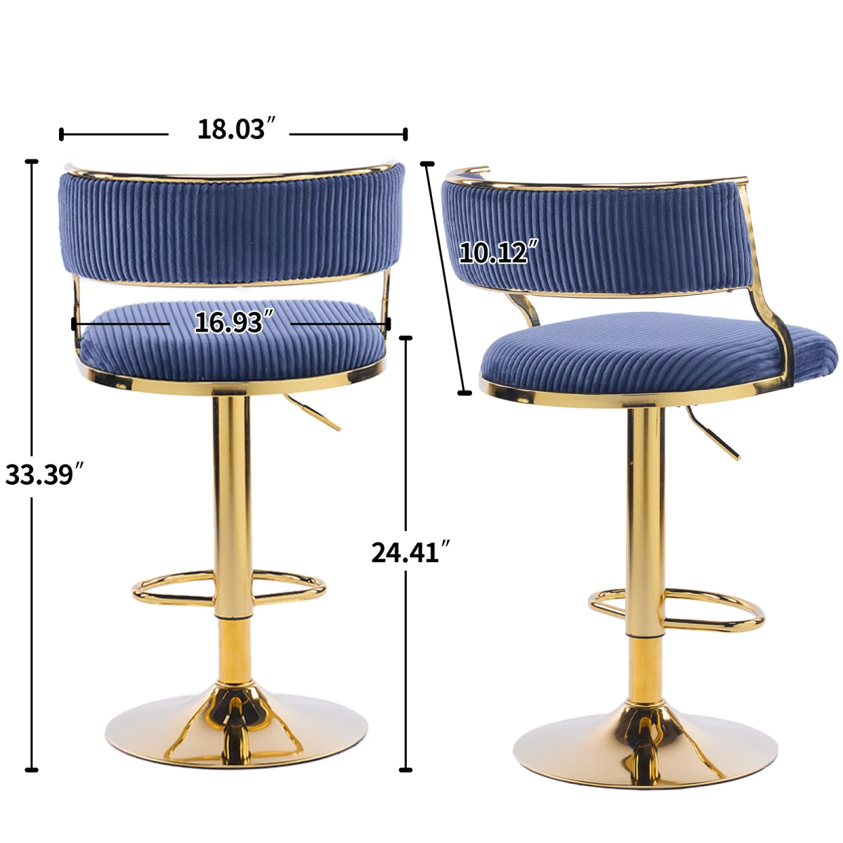 N/A 2pcs Blue Corduroy Swivel Bar Stools with Gold Plated Trumpet Base and Height Adjustable Gas Lift -