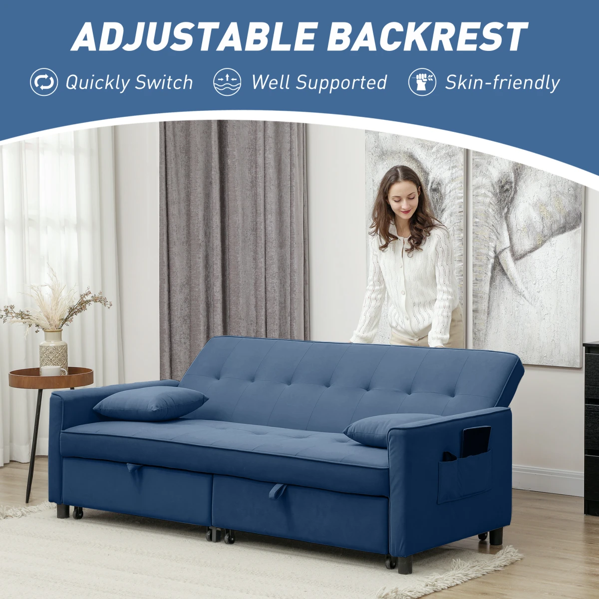 HOMCOM Sofa Bed L Shaped Click Clack Velvet Cushions Home - Sofa Bed