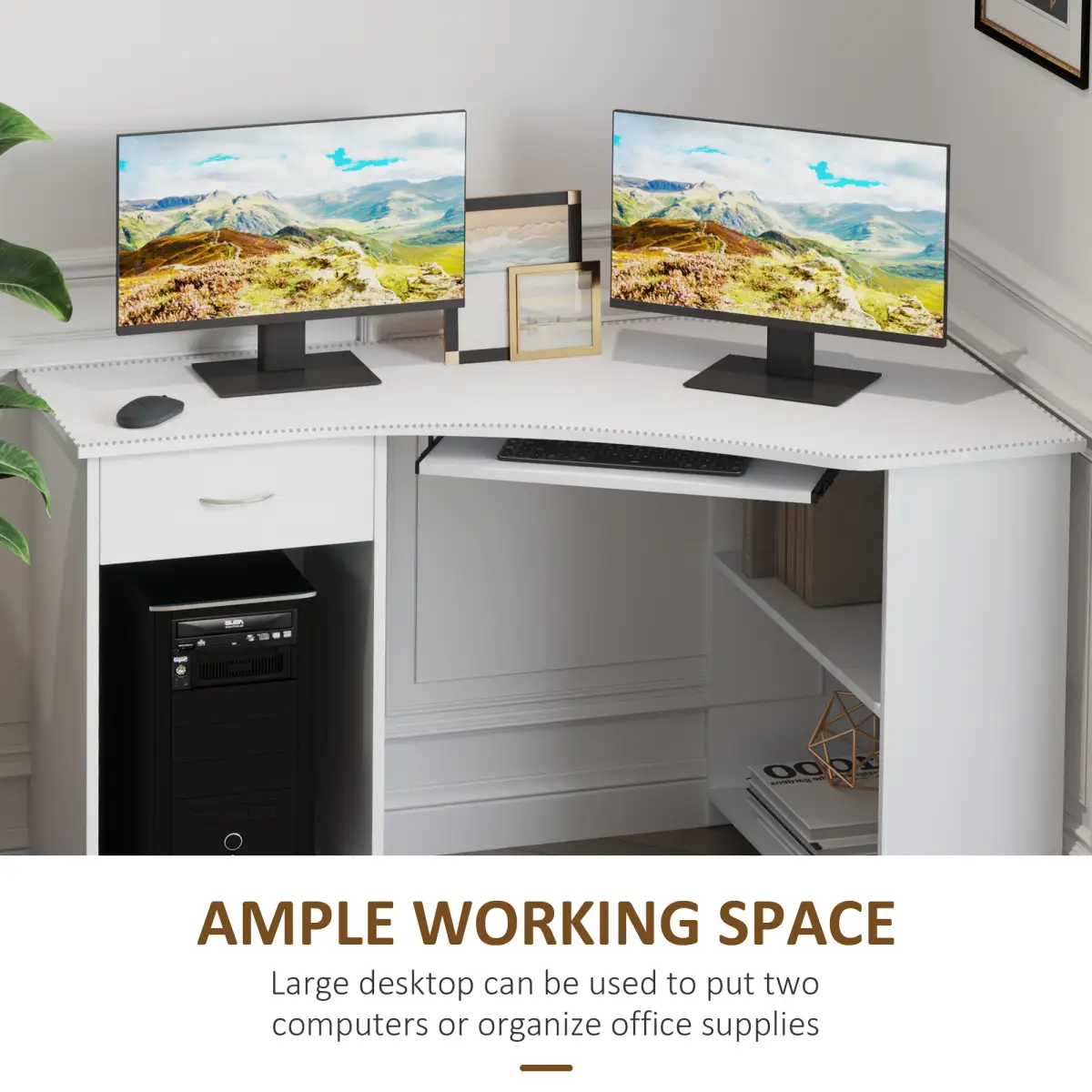 Unbranded L-Shaped Corner Computer Desk w/ 2 Shelves Worktop Keyboard Tray White - Desk