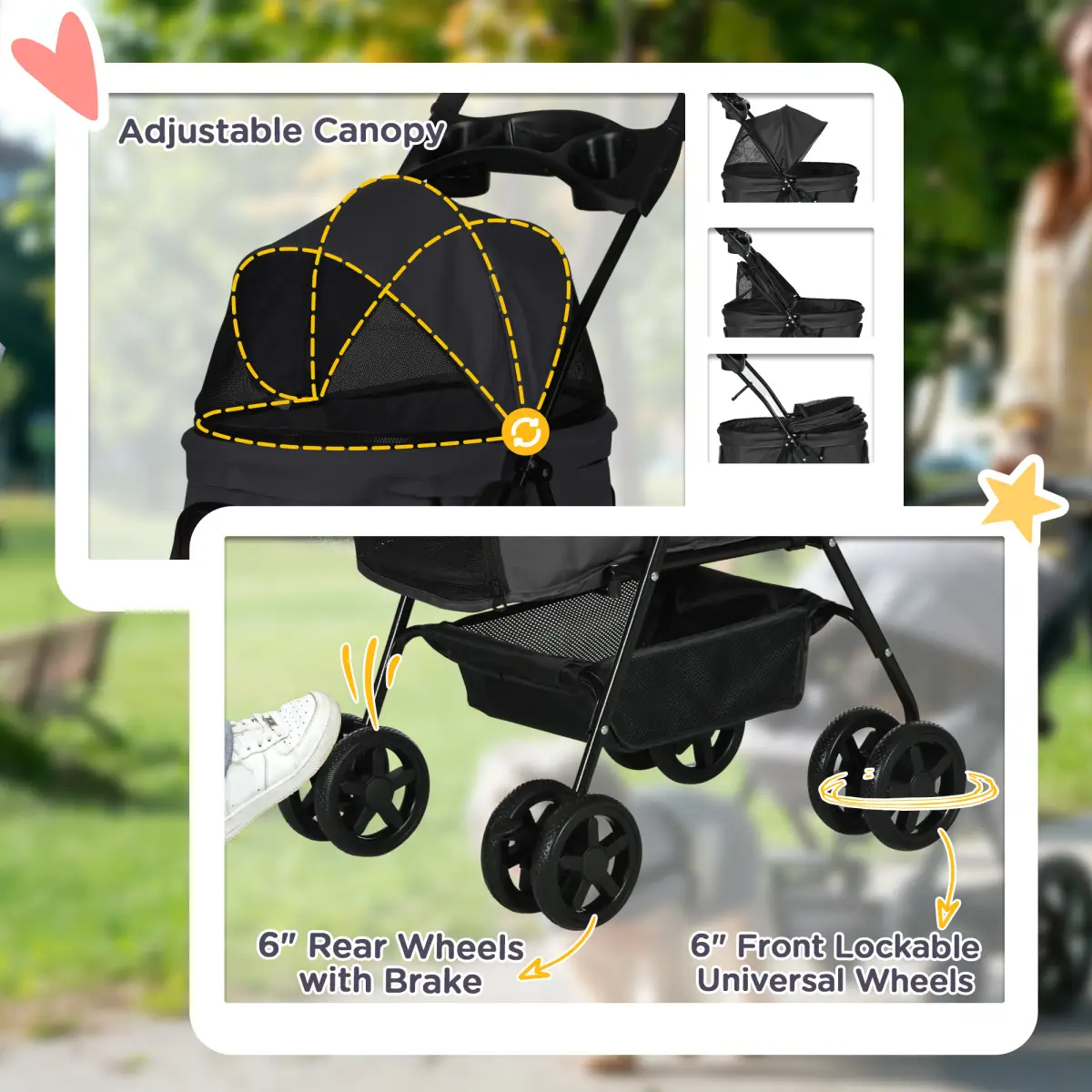 PawHut PawHut Pet Stroller Foldable Travel Carriage w/ Brake Basket Canopy, Black - Pet Carrier