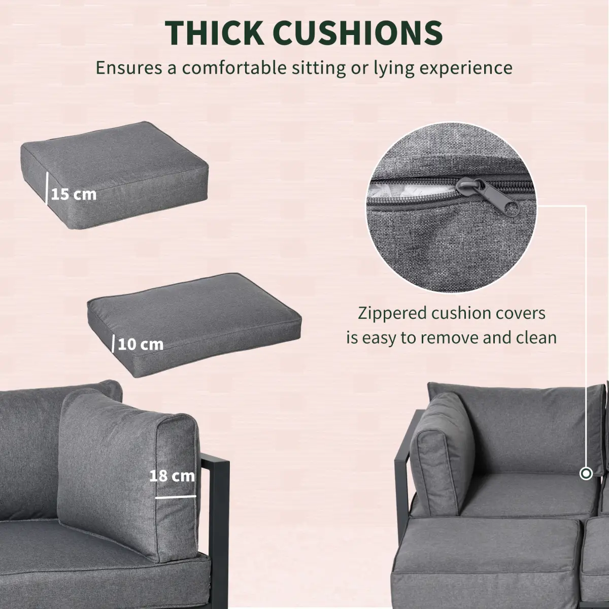 Outsunny Daybed 6 Piece Sectional Sofa Set, & Coffee Table, Footstool & Cushions, Grey - Garden Sofa Sets
