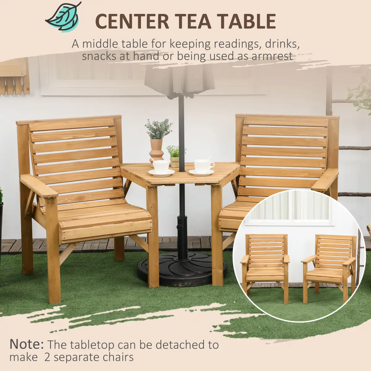 Outsunny Outsunny Wooden Garden Love Seat w/ Coffee Table Umbrella Hole Partner Bench - Garden Chairs