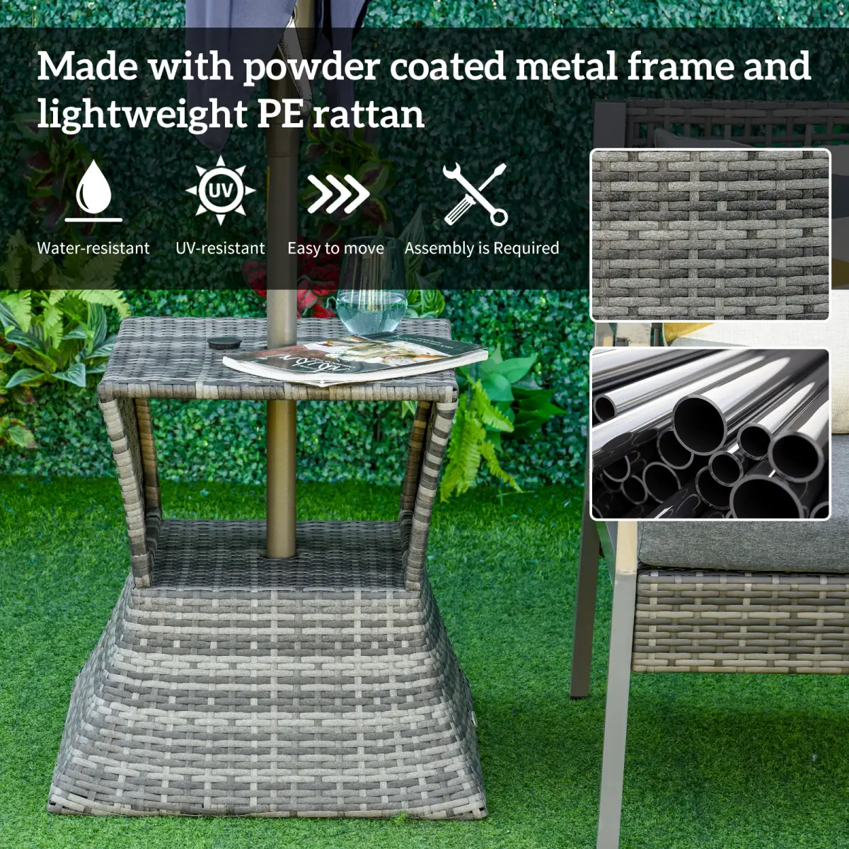 Outsunny Outsunny Rattan Wicker Tea Coffee Table w/ Umbrella Hole and Storage Space Grey - Garden Table