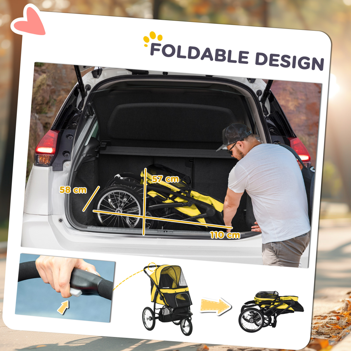 PawHut 3 Wheel Pet Stroller, for Medium Small Dogs, Foldable Cat Pram - Yellow - from PawHut