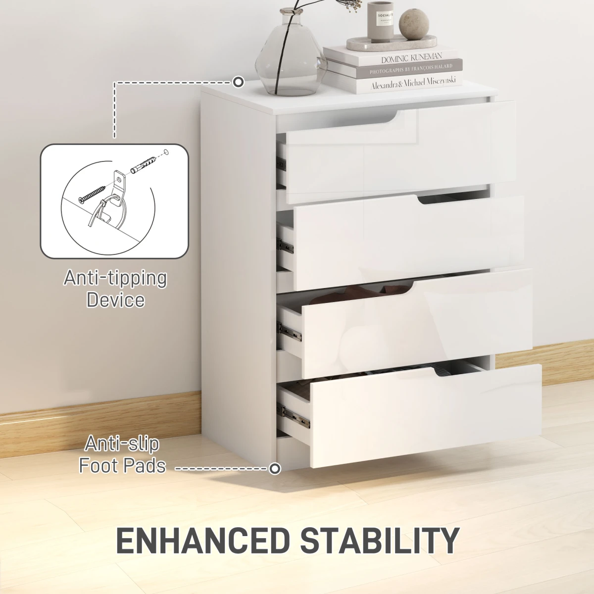 HOMCOM 4 Drawer Chest 60x40x85cm High Gloss Drawer Panels Hidden Curved Handles for Bedroom Storage by HOMCOM