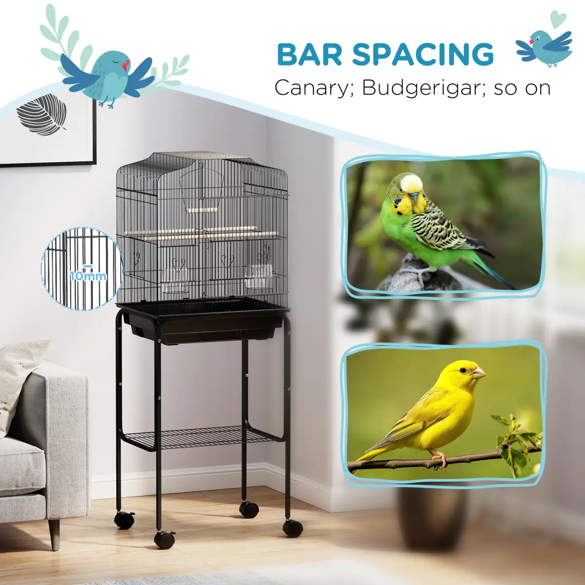PawHut PawHut Bird Cage for Budgie Finch Canary Parakeet W/ Stand Tray Black - Bird Cage