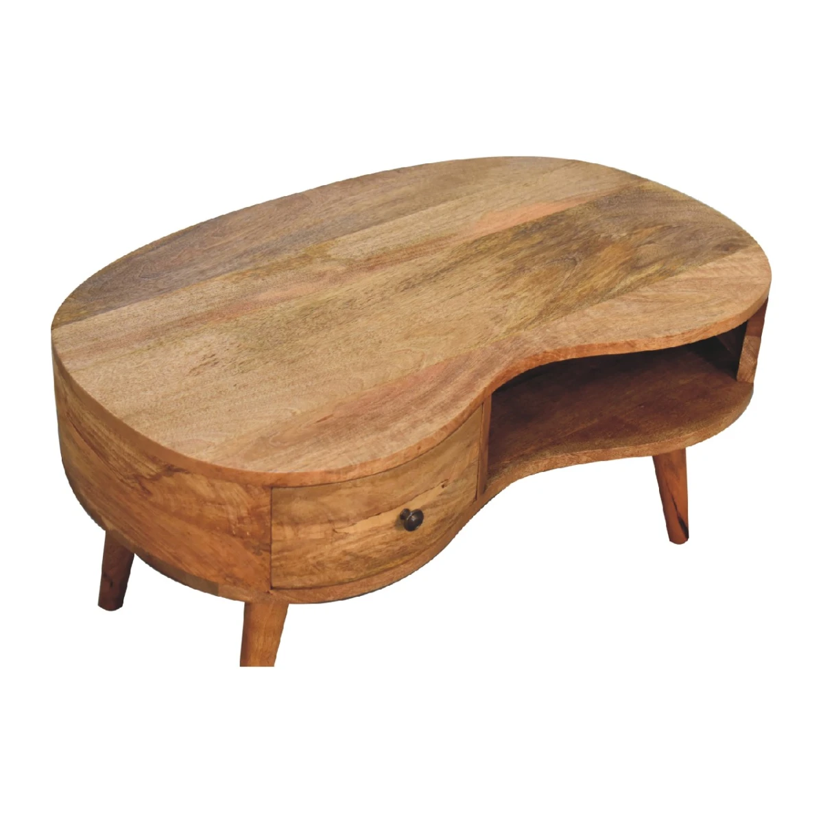 Artisan Furniture Artisan Coffee Table Oval 40InL Solid Mango Wood Oakish Finish Curved Wave Drawer Shelf For Modern Living Rooms - Coffee Table