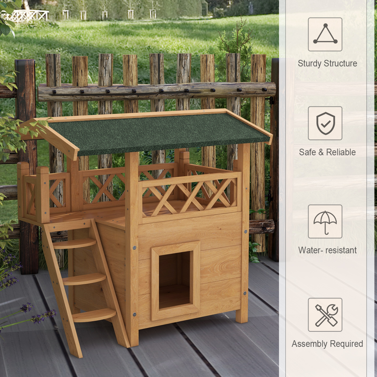 Outdoor Cat House With Balcony And Stairs PawHut Natural Fir Wood Elevated Weatherproof Roof