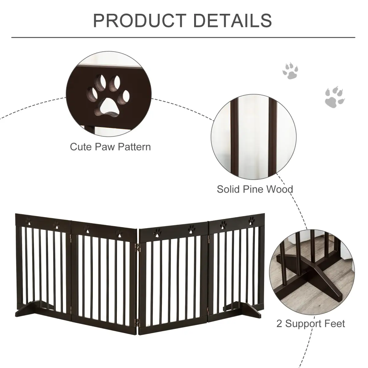 Pawhut Freestanding Pet Gate 4 Panel Folding Wooden Dog Barrier w/ Support Feet - Pet Gate