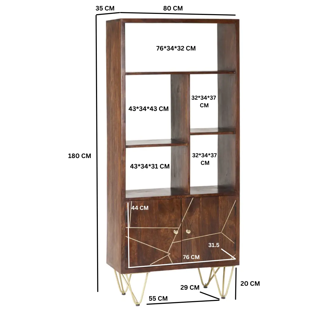 Indian Hub Dark Gold Large Bookcase 2 Door - Bookcase