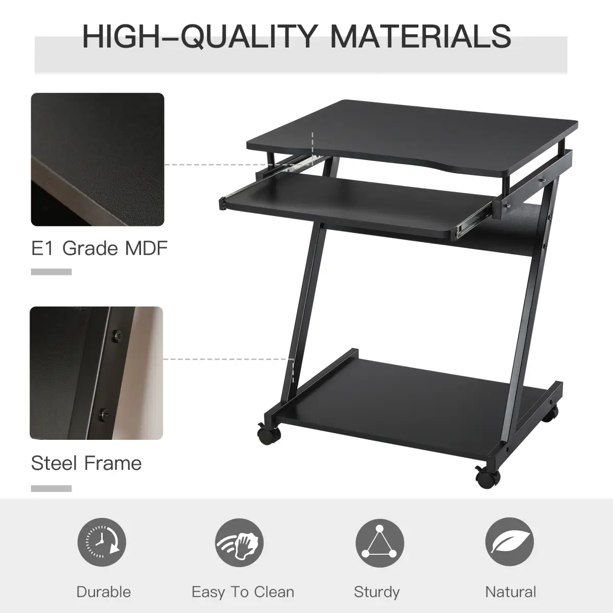 Unbranded Movable Computer Desk with 4 Moving Wheels Sliding Keyboard Tray Black - Desk