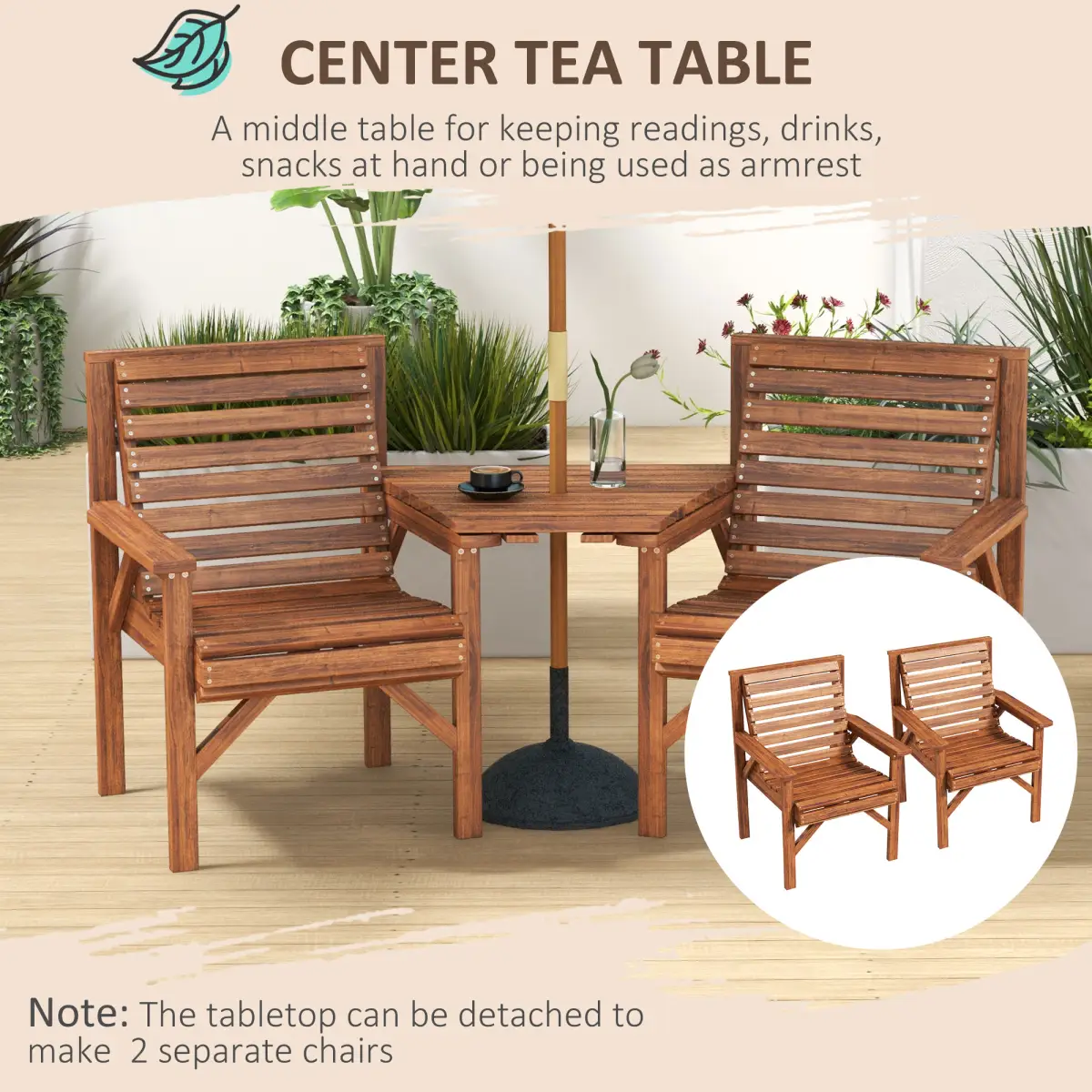 Outsunny Outsunny Wooden Garden Love Seat with Coffee Table Partner Bench Tan Brown - Garden Chairs