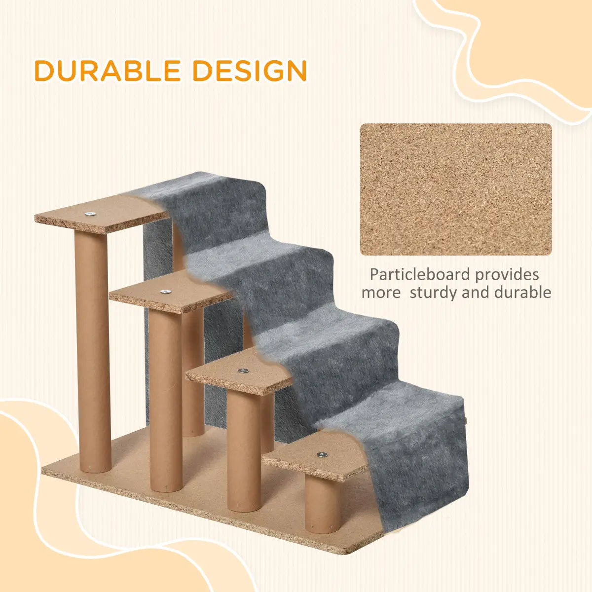 PawHut Portable Dog Stairs with Washable Plush Cover, for High Bed Sofa - Light Grey - Dog Steps