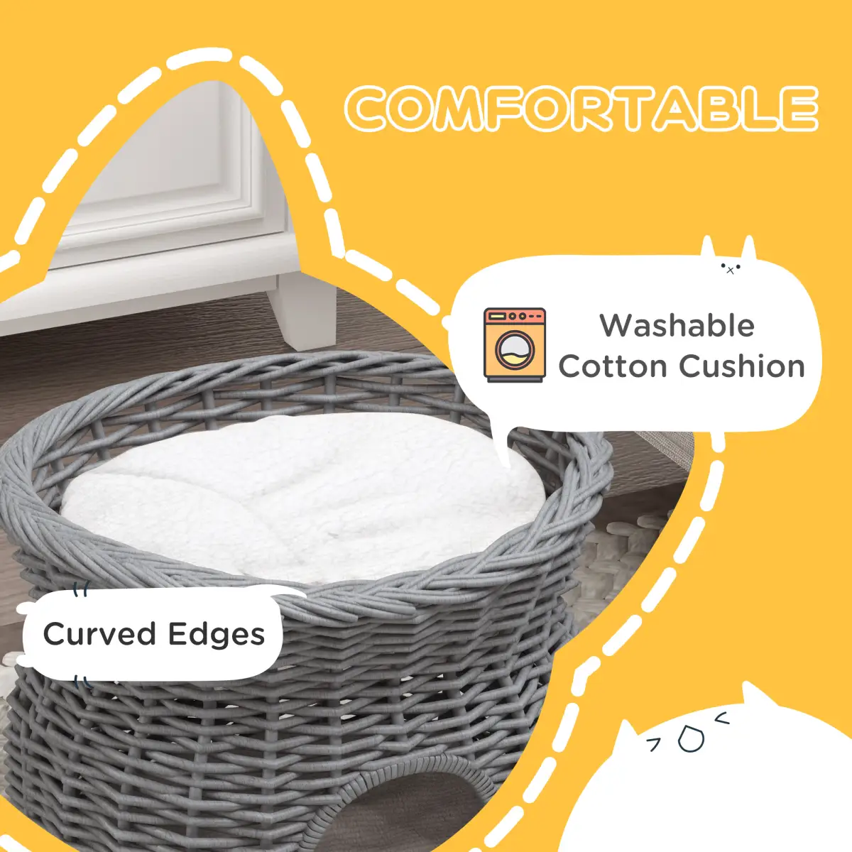 PawHut PawHut 2-Tier Elevated Pet Cushion Bed Basket Willow Cat Tree House Condo Kennel - Cat House