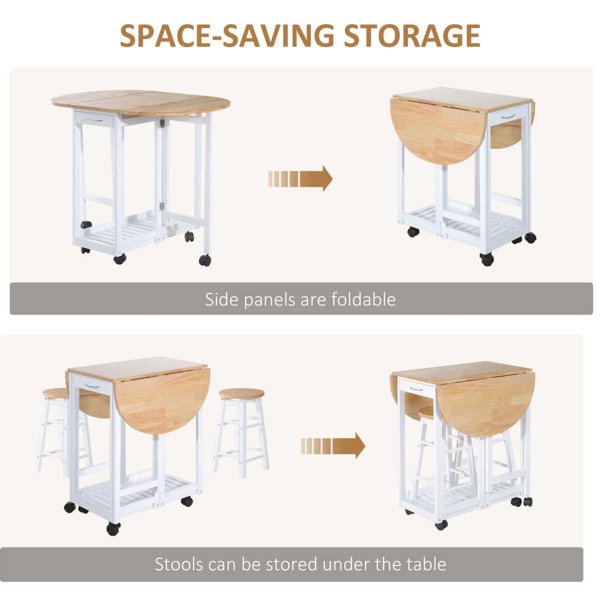 3pc Wooden Kitchen Cart Mobile Rolling Trolley Folding Stools Wheels Drawers - from Unbranded