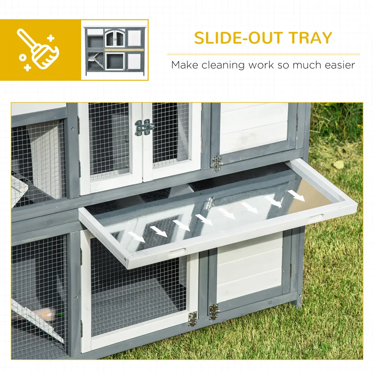 Pawhut Two-Tier Wooden Rabbit Hutch Bunny Run w/ Openable Roof, Slide-Out Tray, Ramp - Rabbit Hutch