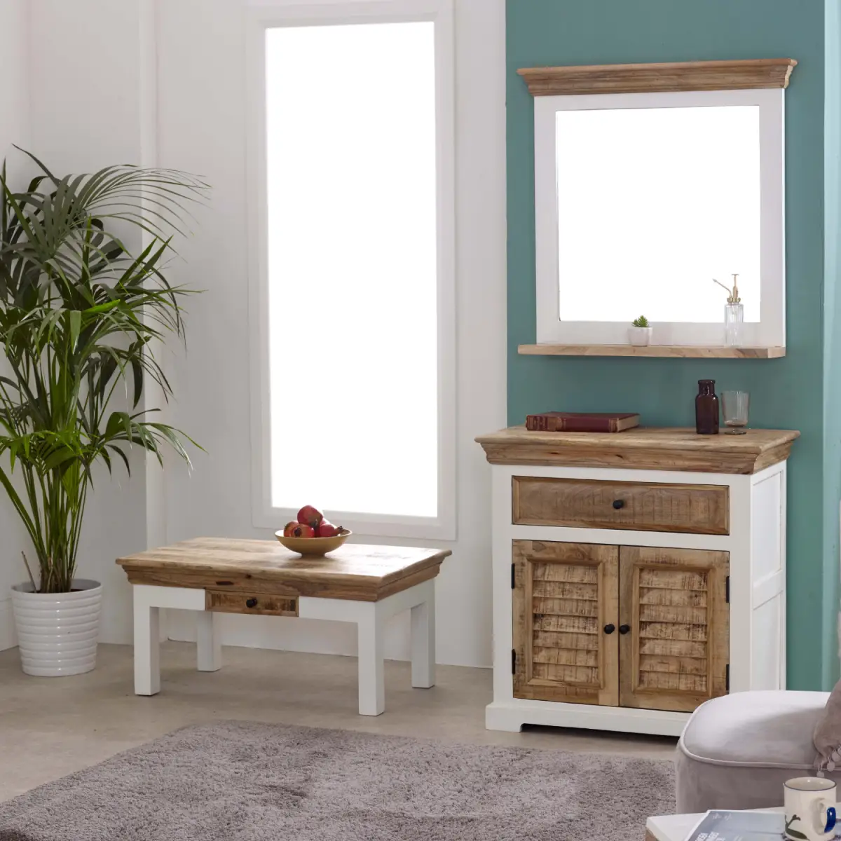 Alfie Mango Wood Sideboard 57x28x10cm 1 Drawer 2 Doors White Natural Finish Handcrafted In India For Living Room Storage - Indian Hub - Home Symphony