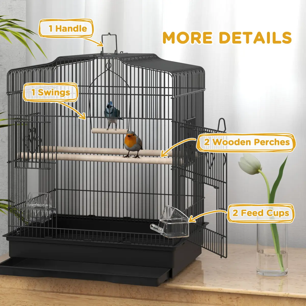PawHut PawHut 59cm Large Bird Cage with Stand, Perches, Food Bowls, Swing, Black - Bird Cage