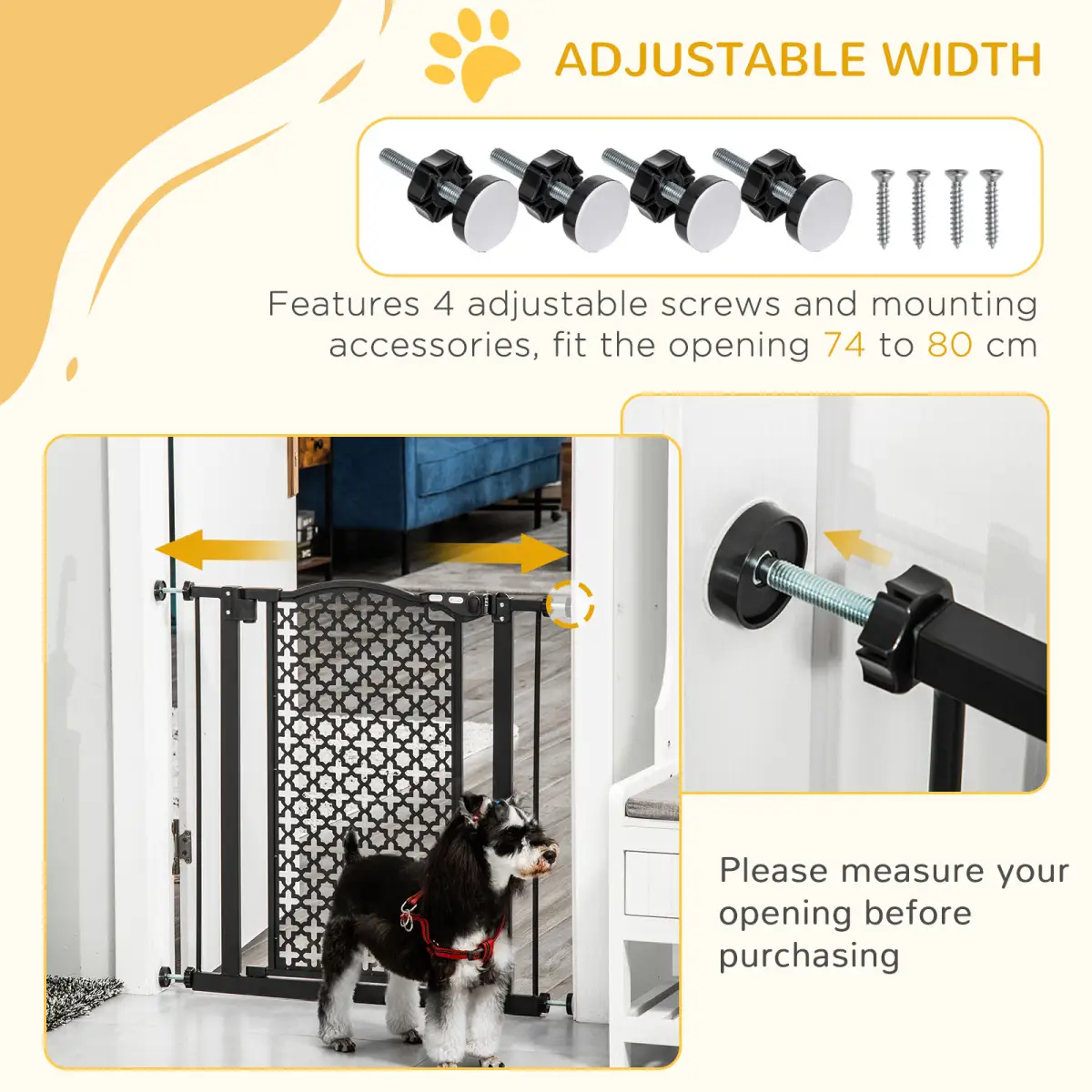 Pawhut 74-80 cm Pet Safety Gate Stair Pressure Fit w/ Auto Close Double Locking, Black - Pet Gate