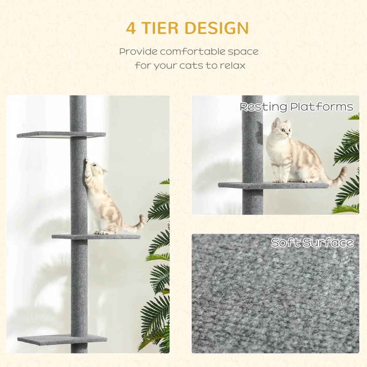 Unbranded 260cm Floor To Ceiling Cat Tree Kitten Tower Adjustable Height - Grey Pawhut - Cat Tree