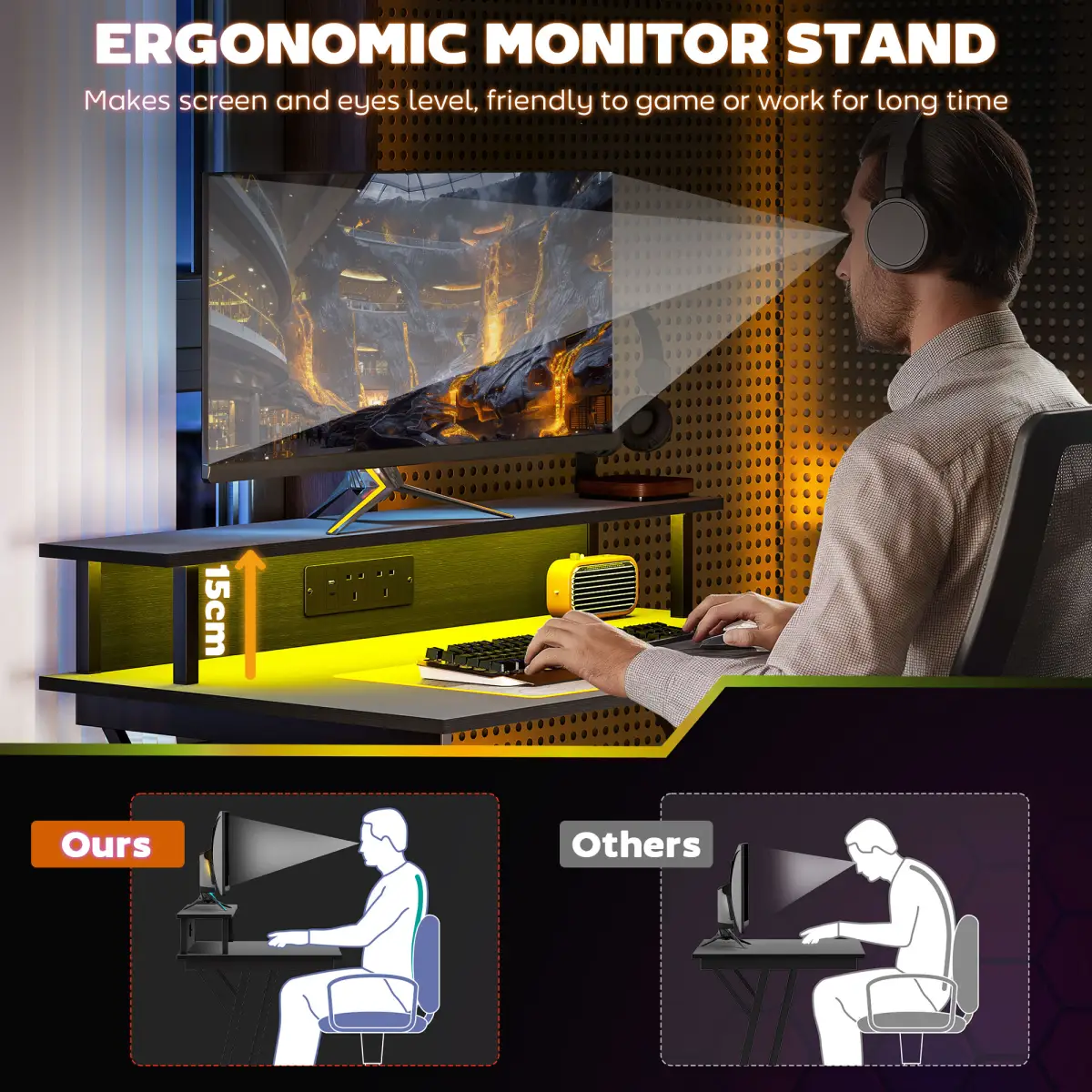 HOMCOM HOMCOM LED Gaming Desk with Power Outlets and Monitor Stand 100 x 60cm Black - Desk