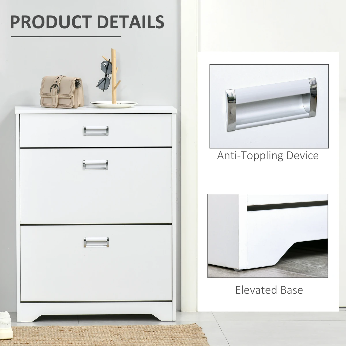 HOMCOM White Shoe Cabinet 16-Pair Flip Drawers Entryway - Shoe Storage
