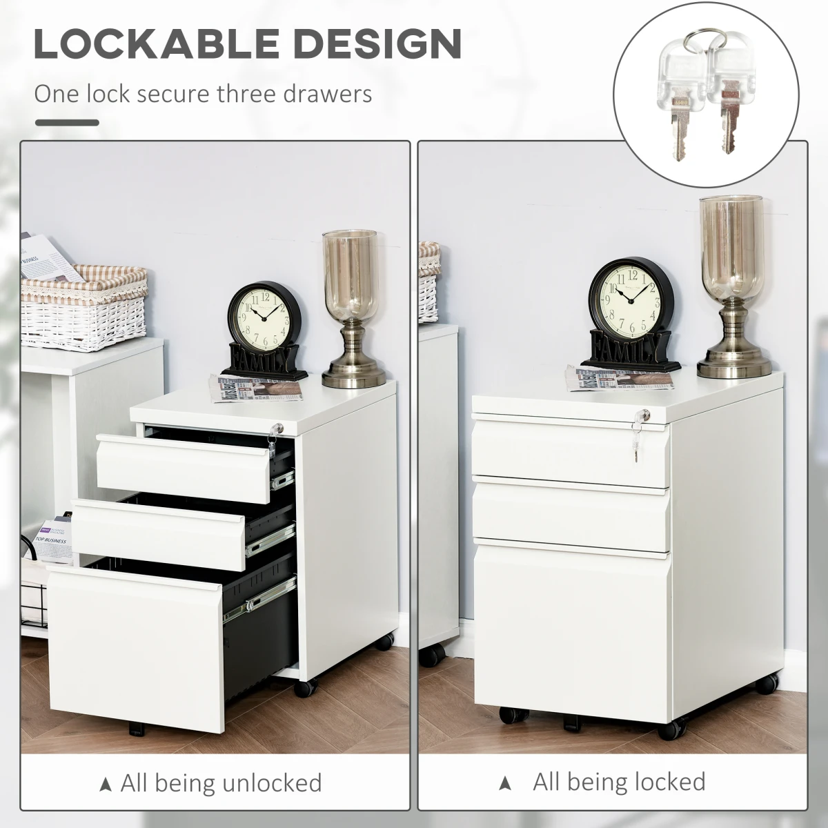 Vinsetto Lockable Mobile Vertical File Cabinet 3 Drawer Office Organizer For Home Office by Unbranded