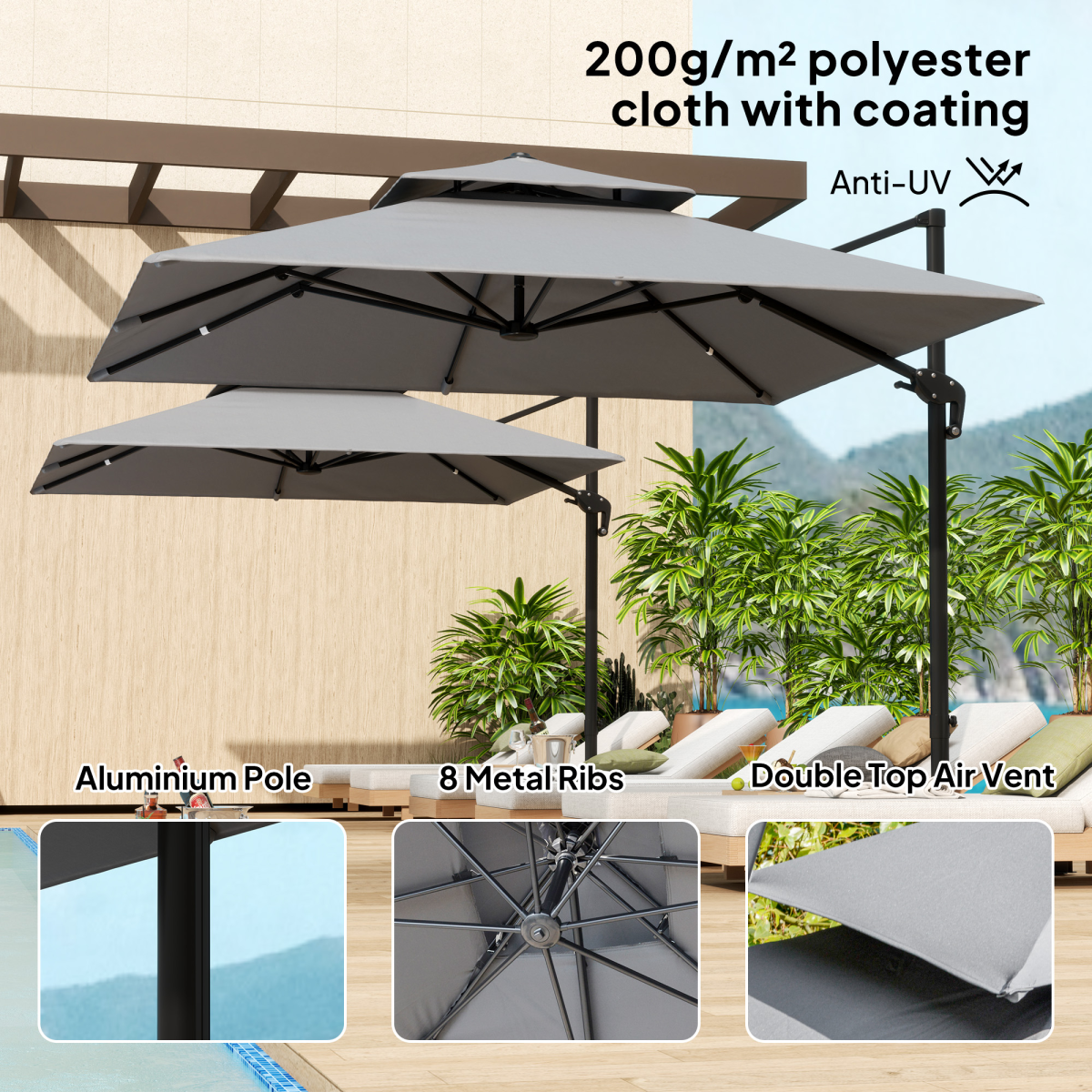 Outsunny Outsunny 360° Cantilever Parasol Roma Umbrella w/ Base Weights, Light Grey - Parasol