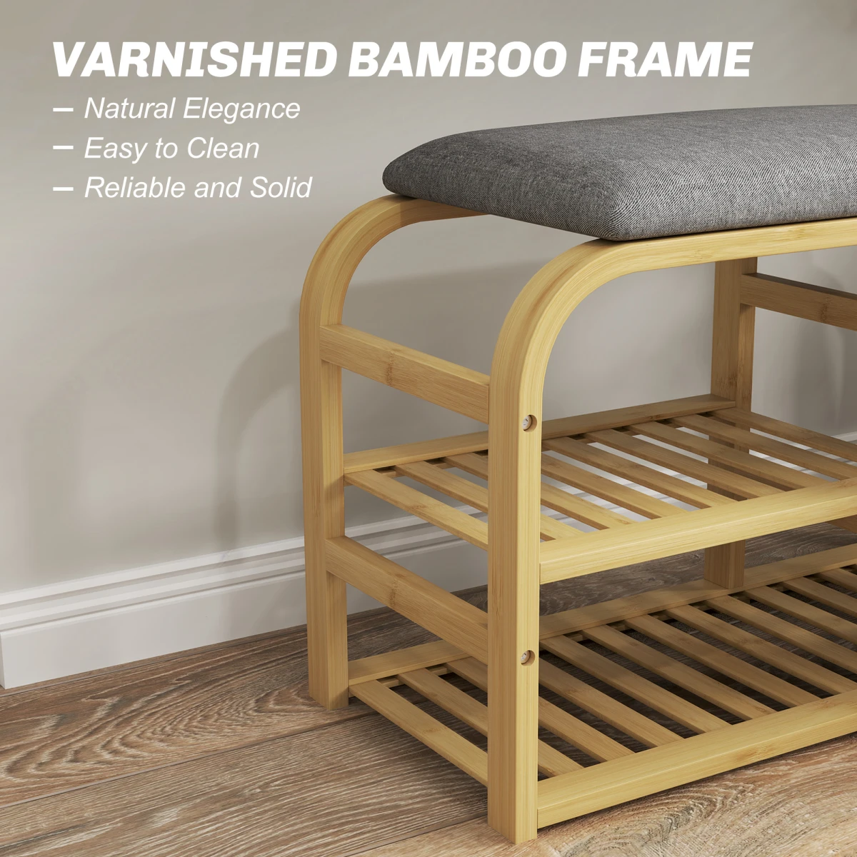 HOMCOM HOMCOM Bamboo Shoe Rack Bench With Padded Top And Pull Out Storage Basket Holds Four Pairs Natural Wood Finish Hallway - Shoe Storage
