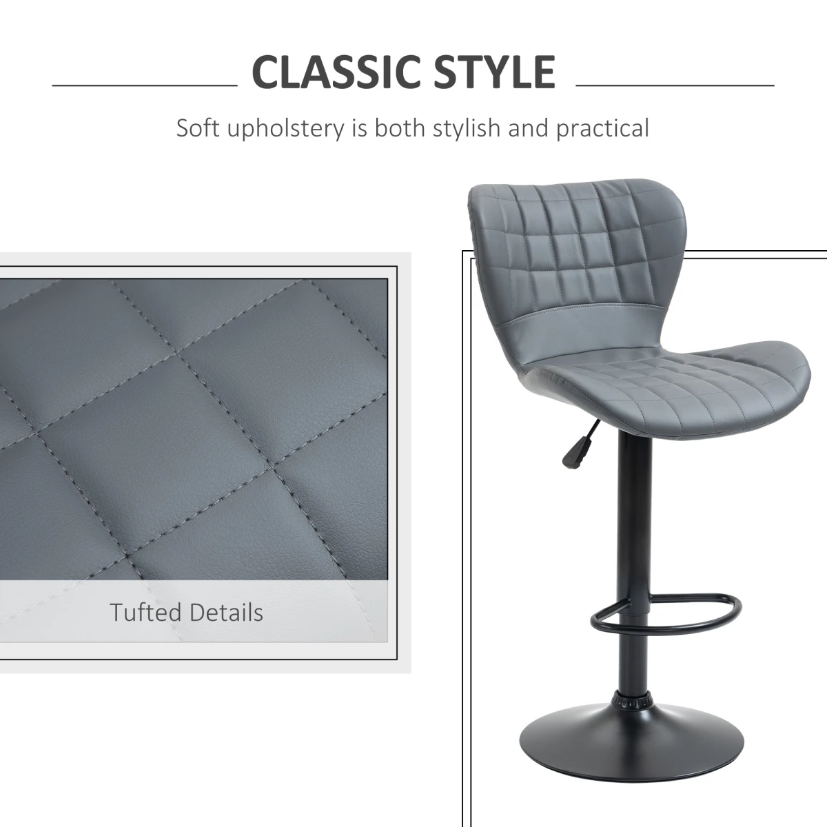 Unbranded Bar Stools Set of 2 Adjustable Height Swivel Bar Chairs with Footrest Grey -