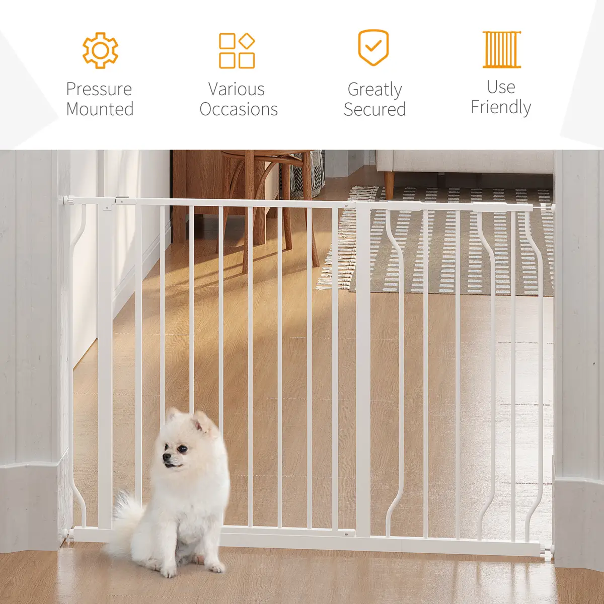 PawHut PawHut Dog Gate Wide Stair Gate w/ Door Pressure Fit, 75-115W cm, White - Pet Gate